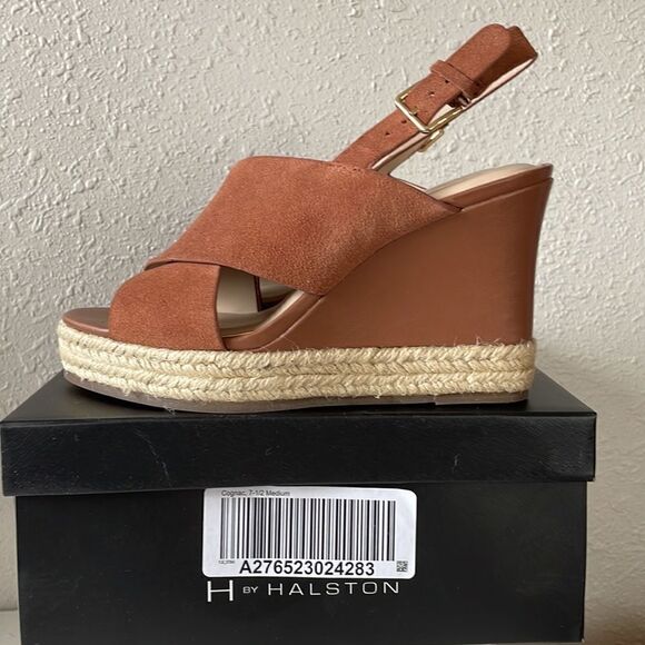 NIB H by Halston Cognac Wedge Suede Sandals Size 7.5M - Picture 2 of 10
